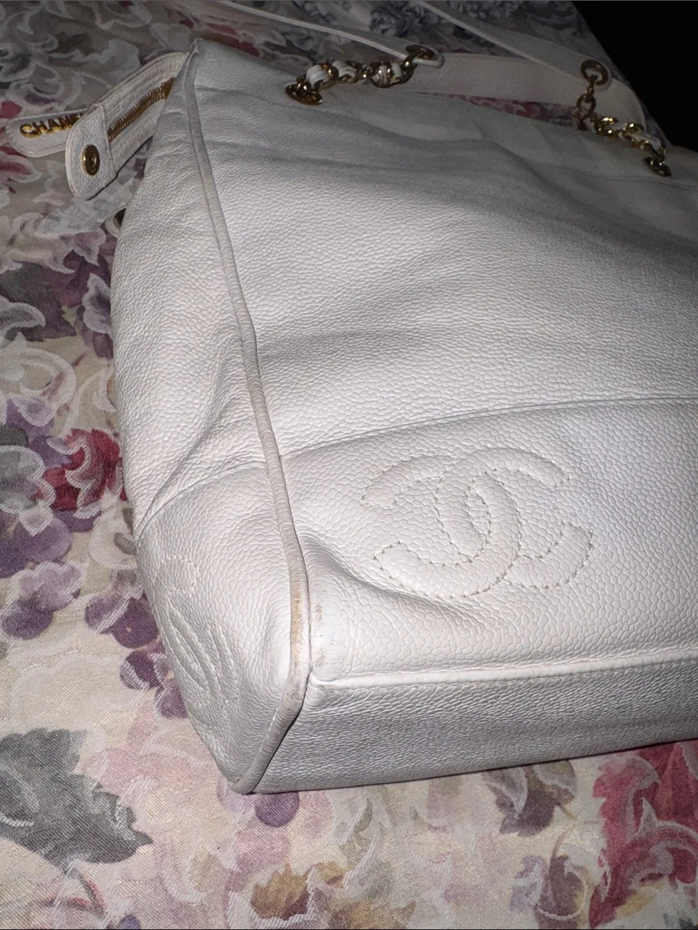 CHANEL XL Vintage Triple CC White Leather Shoulder Tote Bag Purse Gold Chain